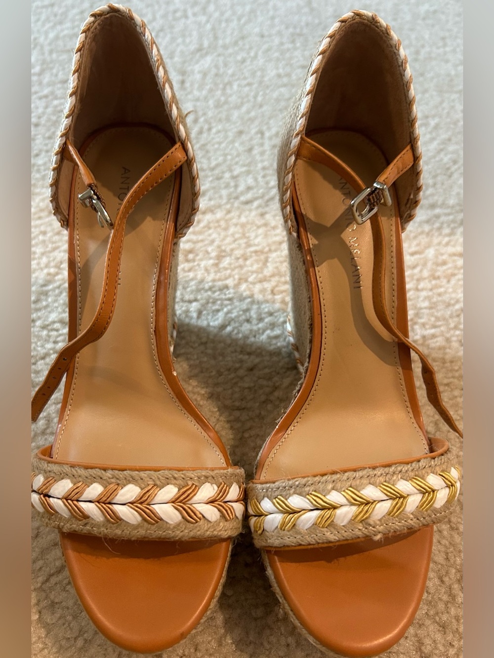 ANTONIO MELANI Braided Espadrille Wedge Sandals - Tan & White
